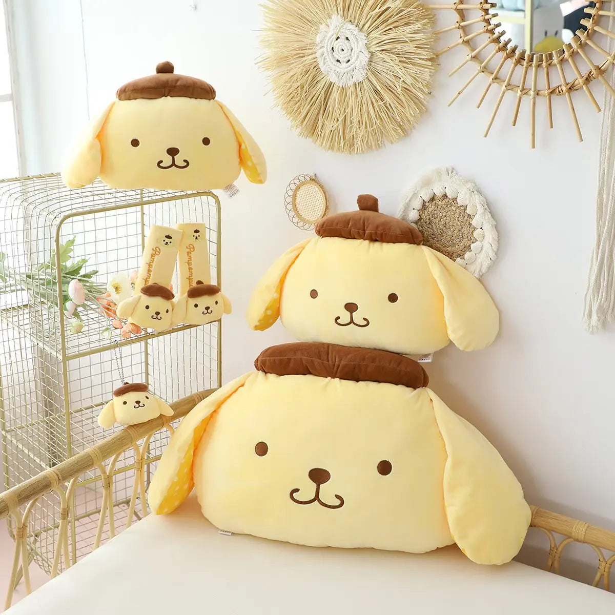 Sanrio Cute Pom Pom Purin Plush Toy Headrest Seat Belt Cover Back Cushion For Car Seat Throw Pillow Sofa Bed Xmas Gifts Girl