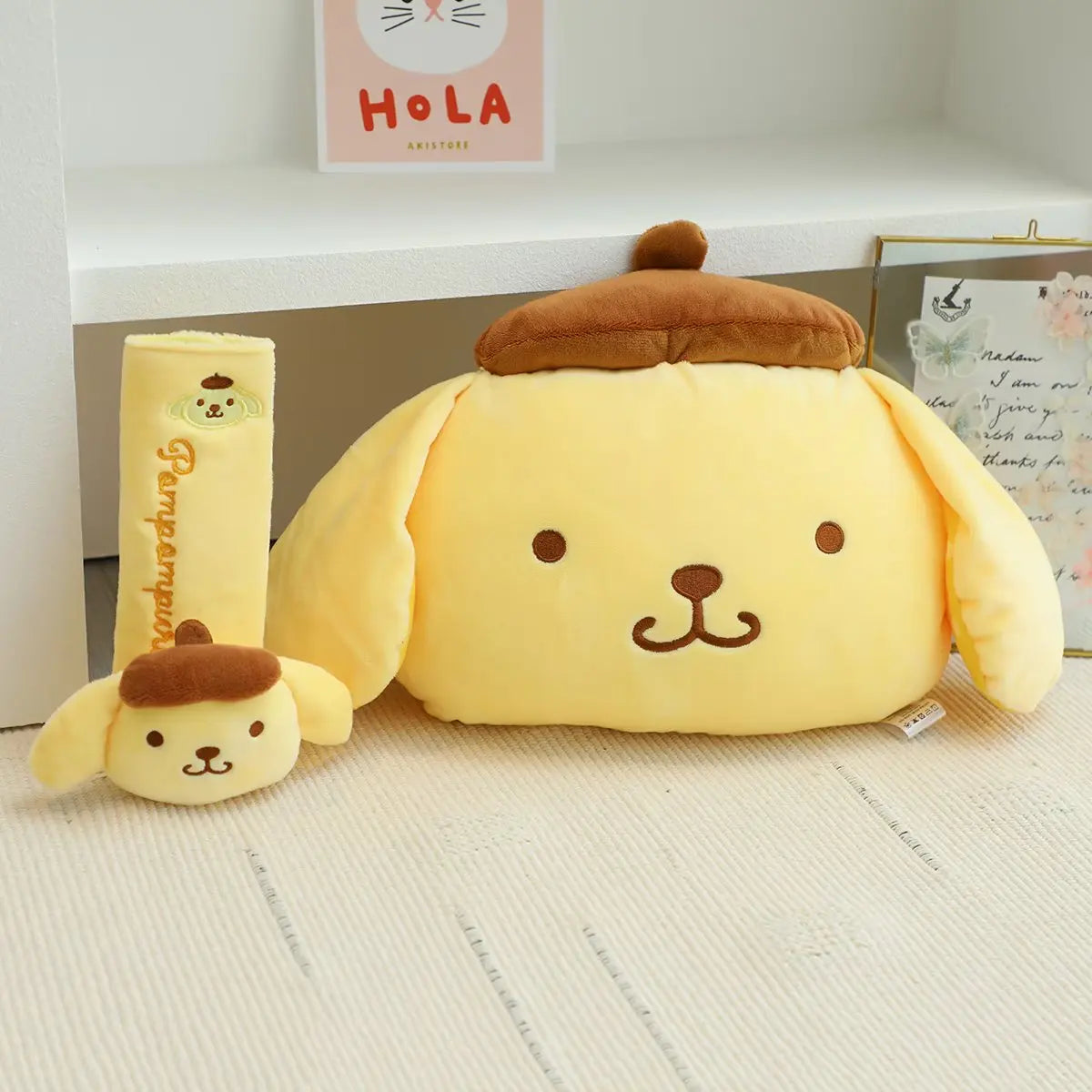 Sanrio Cute Pom Pom Purin Plush Toy Headrest Seat Belt Cover Back Cushion For Car Seat Throw Pillow Sofa Bed Xmas Gifts Girl