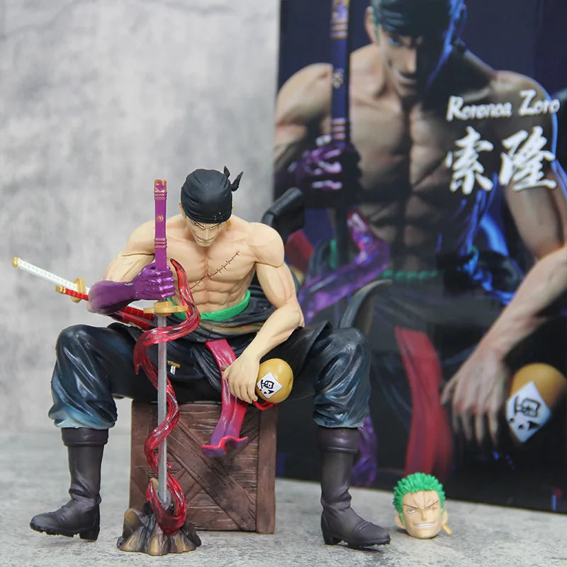 15cm One Piece Zoro Anime Figures Sit Roronoa Zoro Action Figurine 2 Heads Pvc Statue Room Collection Model Decoration Toys Gift