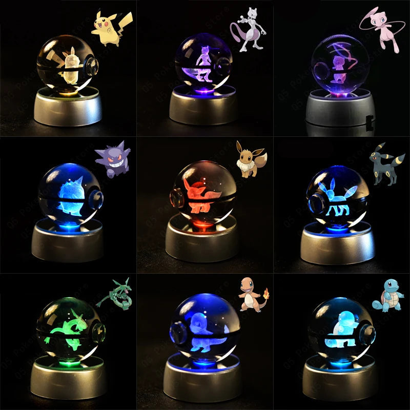 Pokemon 3D Crystal Ball Pikachu Gengar Mew Mewtwo Figurines Lamp Base Pokeball 3D Pokemon Glass Ball Statue Kids Birthday Gift