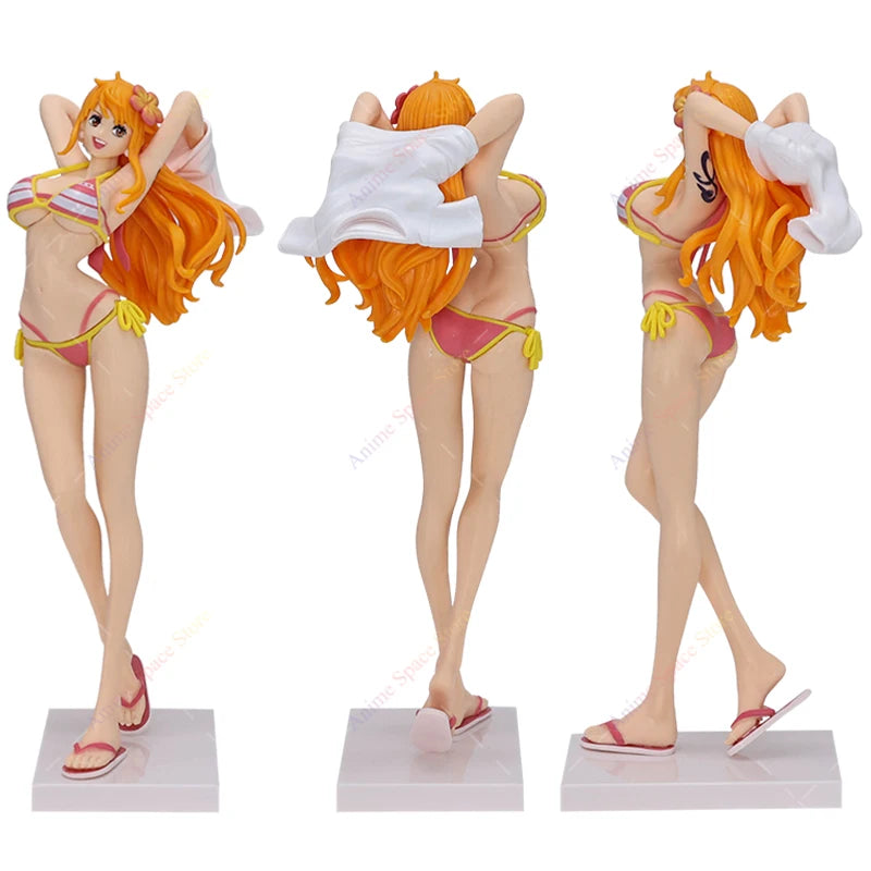 One Piece Nami Figures Anime Girl's On Vacation Beach Nami Red Green Collection Figurine Toy PVC Standing Ornament Doll