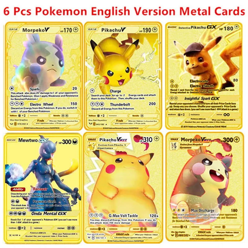 6-12 Pcs/Set  English Version Pokemon Metal Card Pikachu Anime Figure Battle Carte Trading Pocket Monster Cards Model Toy Gifts