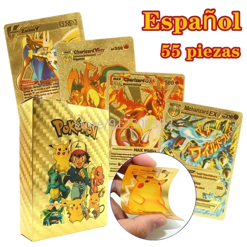 Pokemon Colorful Card 55 Pcs Charizard Mewtwo Pikachu VMAX GX VSTAR Spanish English German Korean French Gold Foil Card