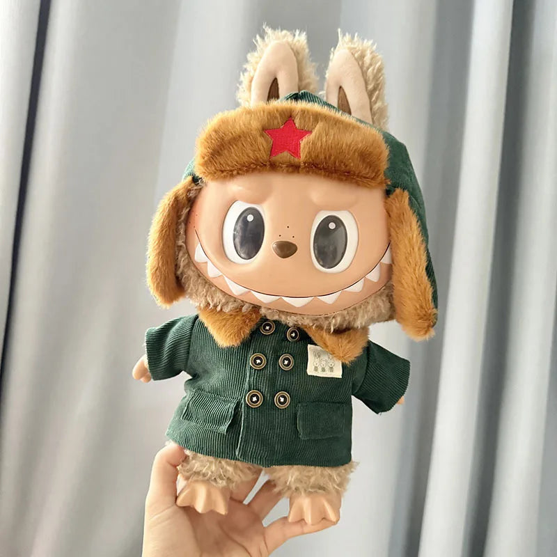 17cm Plush Doll's Clothes The Monster Labubu Outfit Accessories Clothing DIY Lei Feng Army Green Coat Red Star Hat