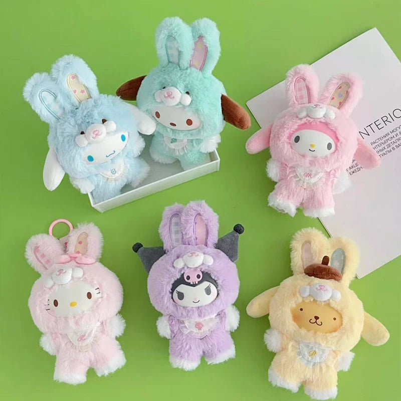 Sanrio Vinyl Doll Toys Elf Bunny Vinyl Hello Kitty Keychain Latte Kuromi Cinnamoroll Bag Pendant Girl Gift Hand-Made Ornaments ﻿