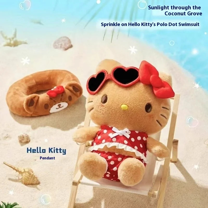 New Sanrio Vacation Series Hellokitty Girly Heart Plush Car Keychain Children'S School Bag Pendant Peripheral Anime Holiday Gift