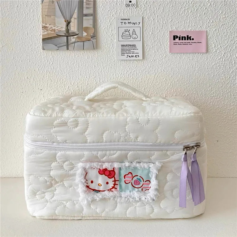 Sanrio Handheld Cosmetic Bag Kawaii HelloKitty Kuromi Cinnamoroll Fabric Art Storage Bags Girl Sweet Cute Embossing Washing Bags