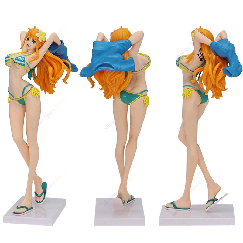 One Piece Nami Figures Anime Girl's On Vacation Beach Nami Red Green Collection Figurine Toy PVC Standing Ornament Doll